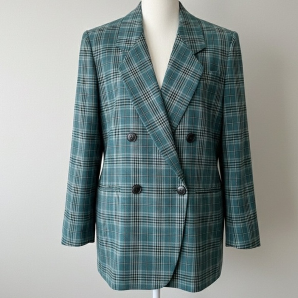 Jones New York Vintage Wool Plaid Blazer Teal Check Double Breasted Size 8 USA
